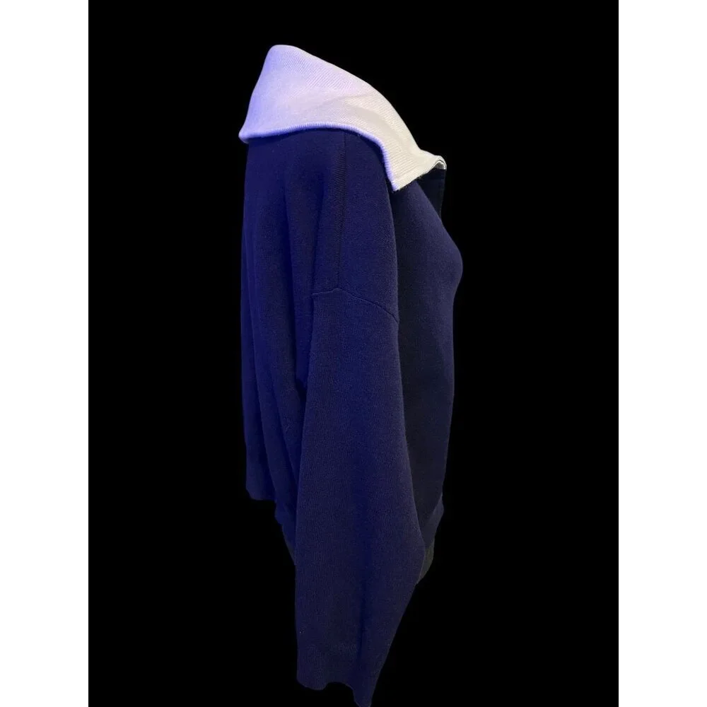 MNG Half-Zip Sweater Women Medium Navy Blue White Collar Coastal lagom cozy
